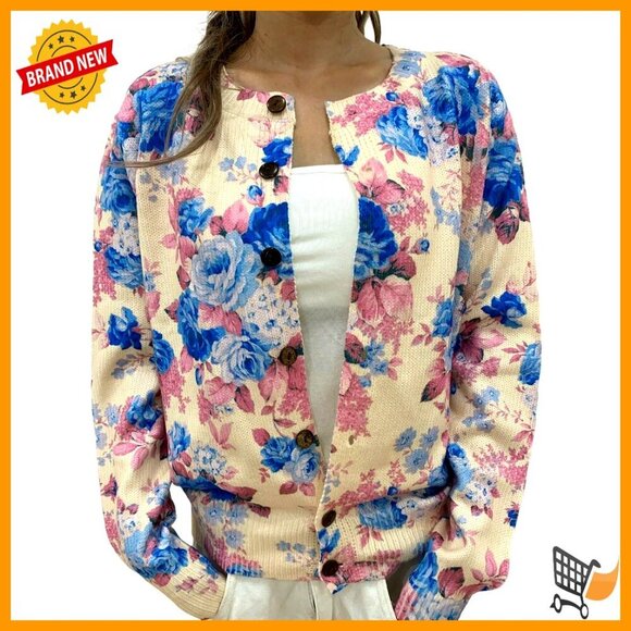 Sweaters - Leopard Floral Cardigan Lightweight Long Sleeve Button Down Sweater Y2K Chic